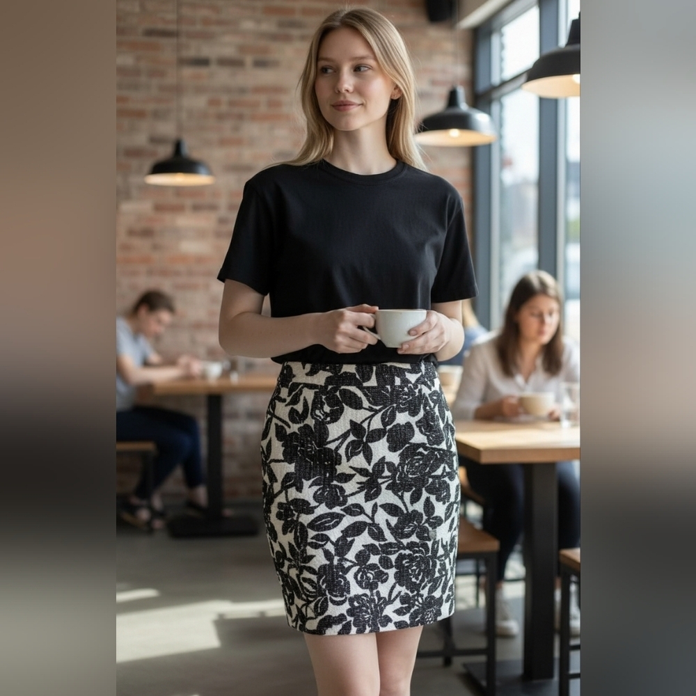 Ann Taylor Floral Tweed Black and White Skirt
